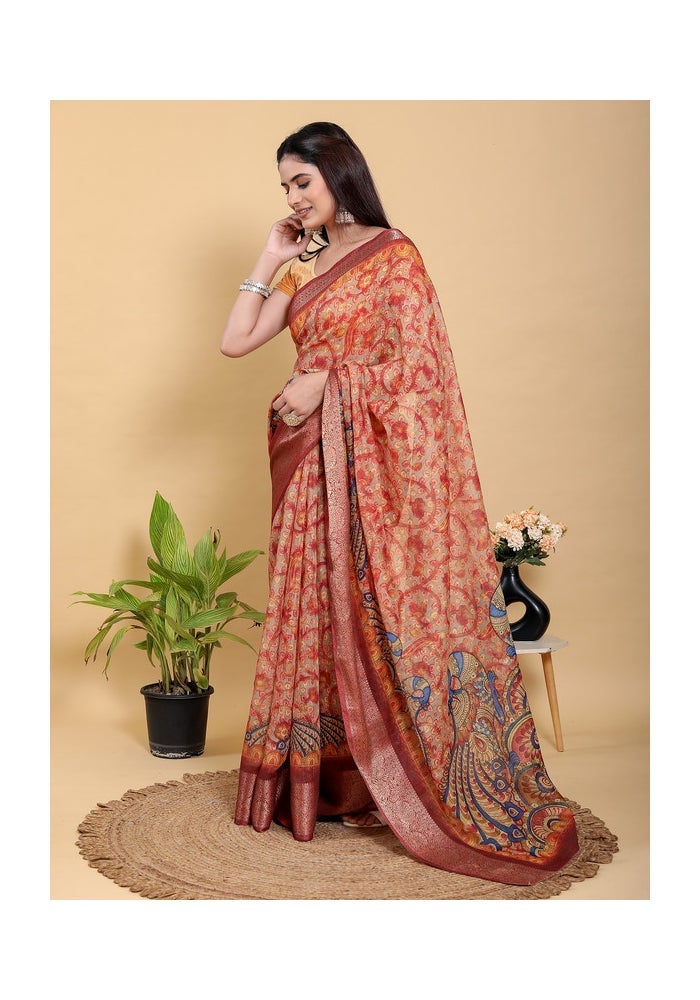Malishka Export Vibrant Red Artistic Peacock Saree for Women - Image 2